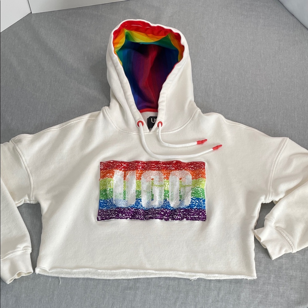 UGG Pride Rainbow White Cropped Hoodie Size Small Sequin Logo Sweatshirt